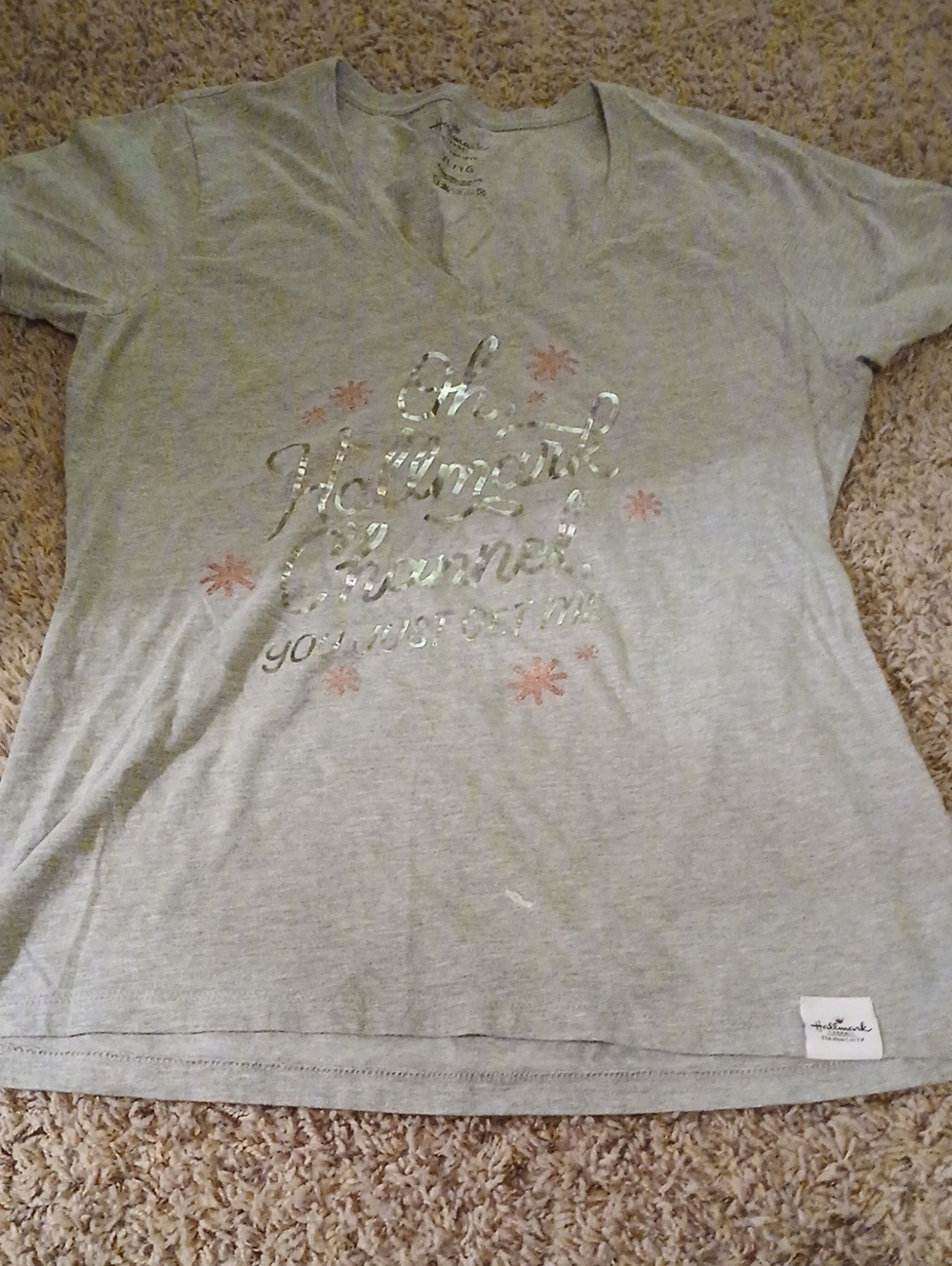 Hallmark Light Gray Short Sleeve Tee with Silver Foil Script and Pink Stars